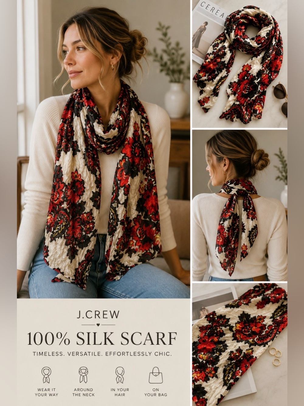 J.Crew 100% Silk Paisley Floral Scarf Red Black Ivory Oblong Wrap